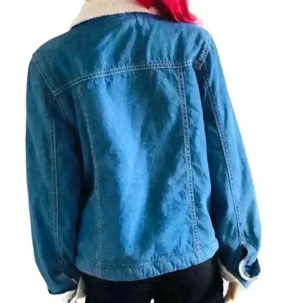 Vintage 90’s Sherpa lined denim jacket coat medium snap closure trucker barn - Picture 2 of 9